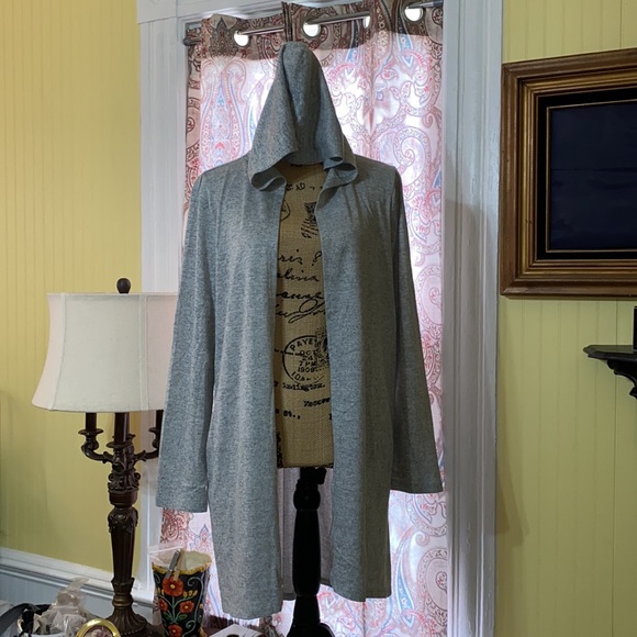 Socialite Gray Long Sleeve Hooded Open Front Duster Length Cardigan Sweater Top. - Picture 2 of 11